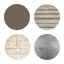 Japandi color swatches including brown, cream stripes, rattan, and grey