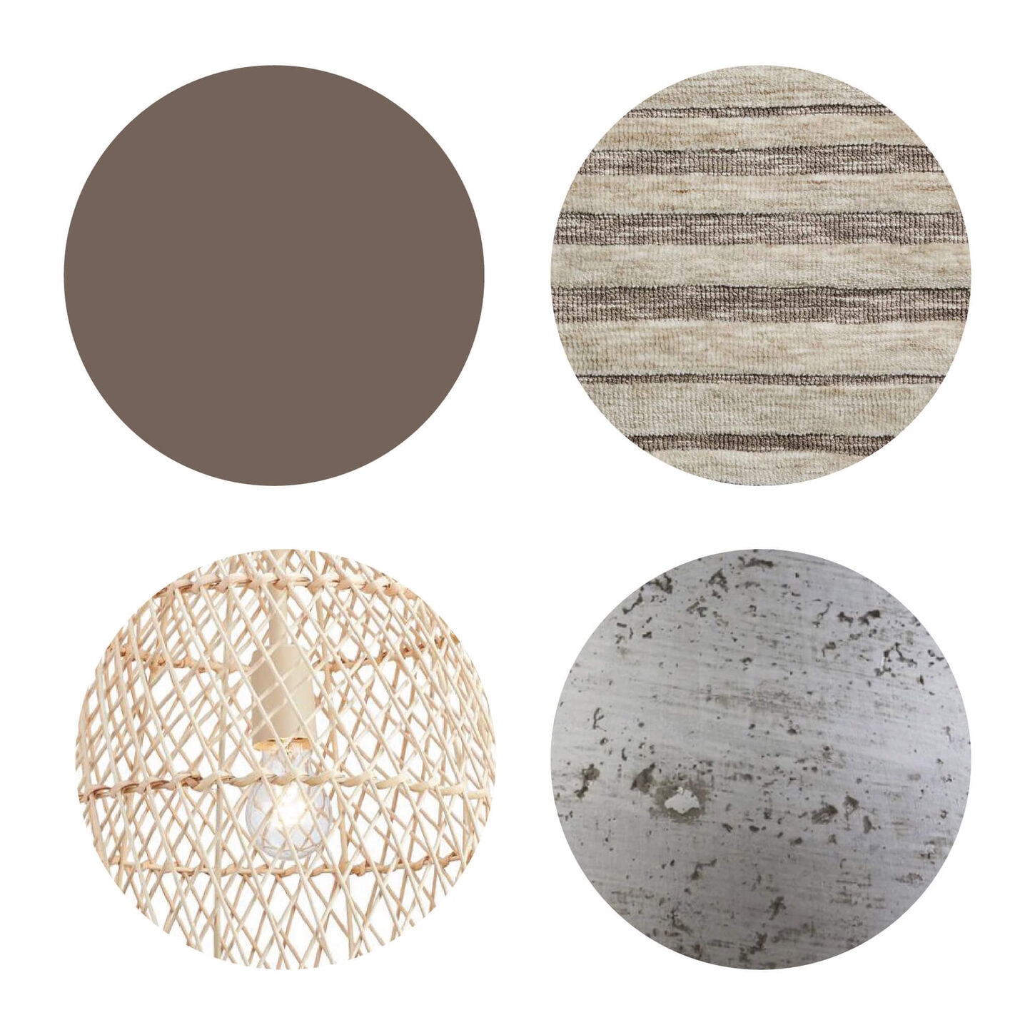 Japandi color swatches including brown, cream stripes, rattan, and grey