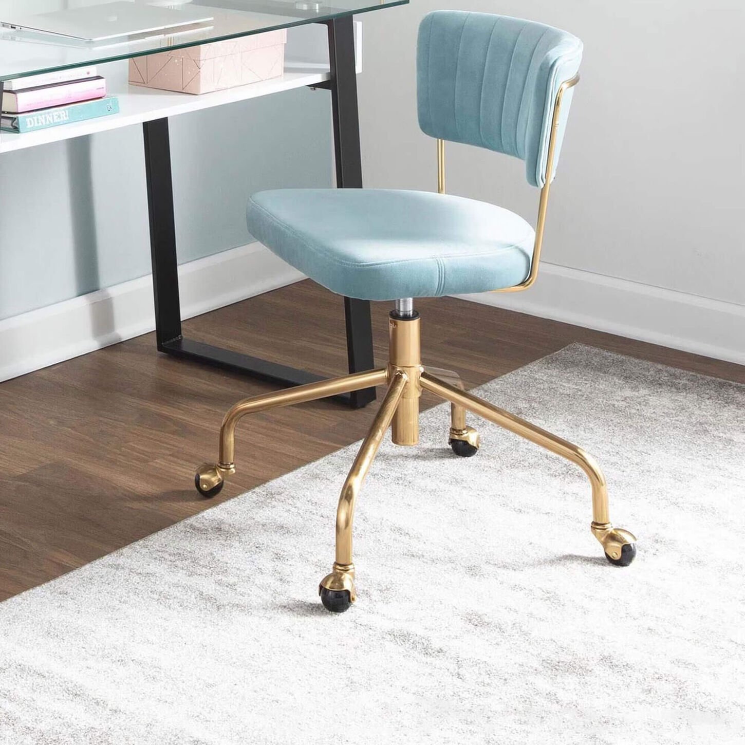 Lumisource Tania Task Chair with Light Blue Velvet Cushion in Gold