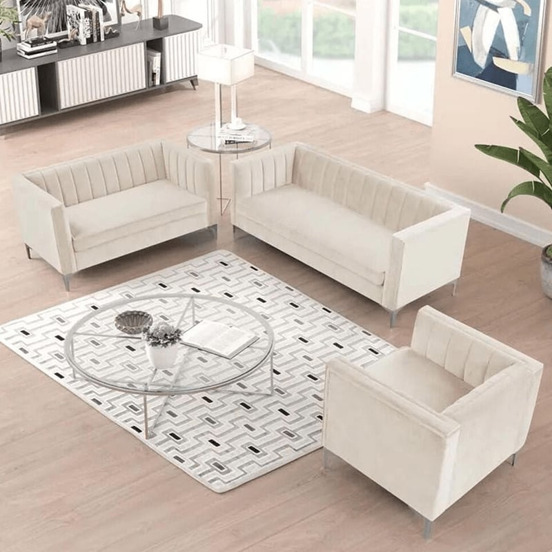 Morden Fort Channel Tufted 3-Piece Stationary Living Room Set in Beige Velvet