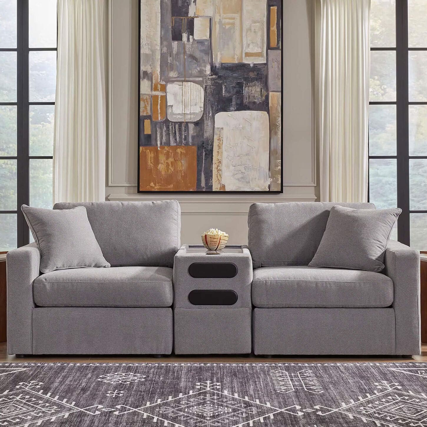 Ashley Modmax 3-Piece Stationary Loveseat with Audio Console in Granite with Next-Gen Nuvella Performance Fabric
