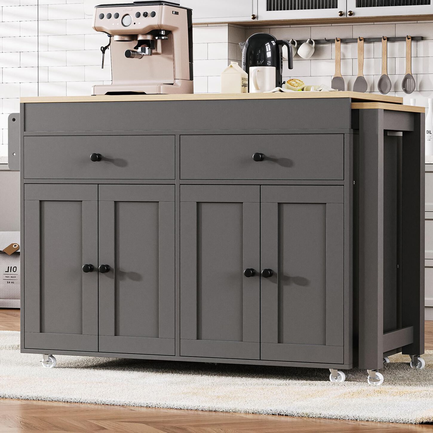HOMLUX 75" Kitchen Island with Extendable Dining Table in Grey