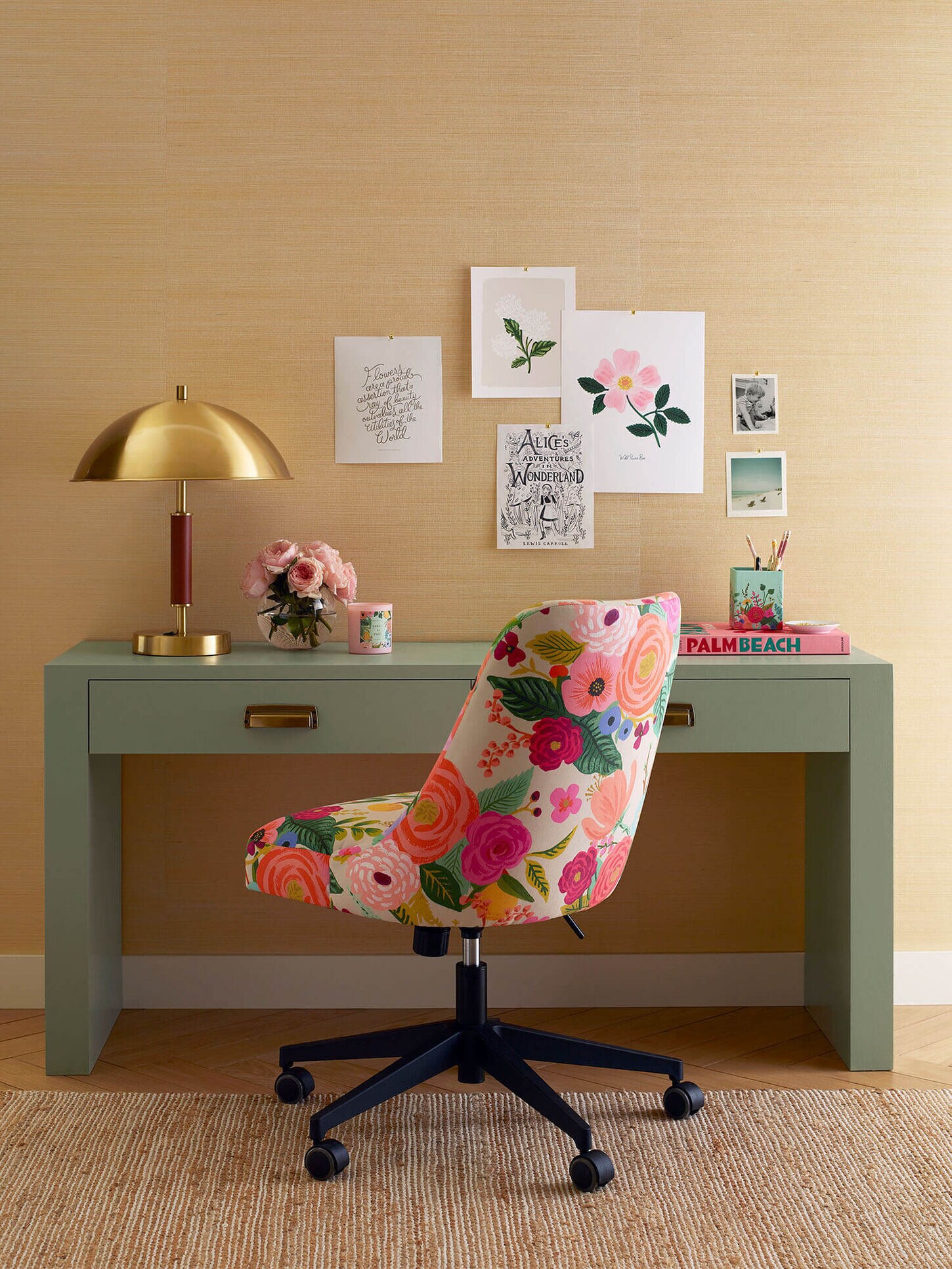 Bright color office with colorful chair, green desk and featuring a gold lamp