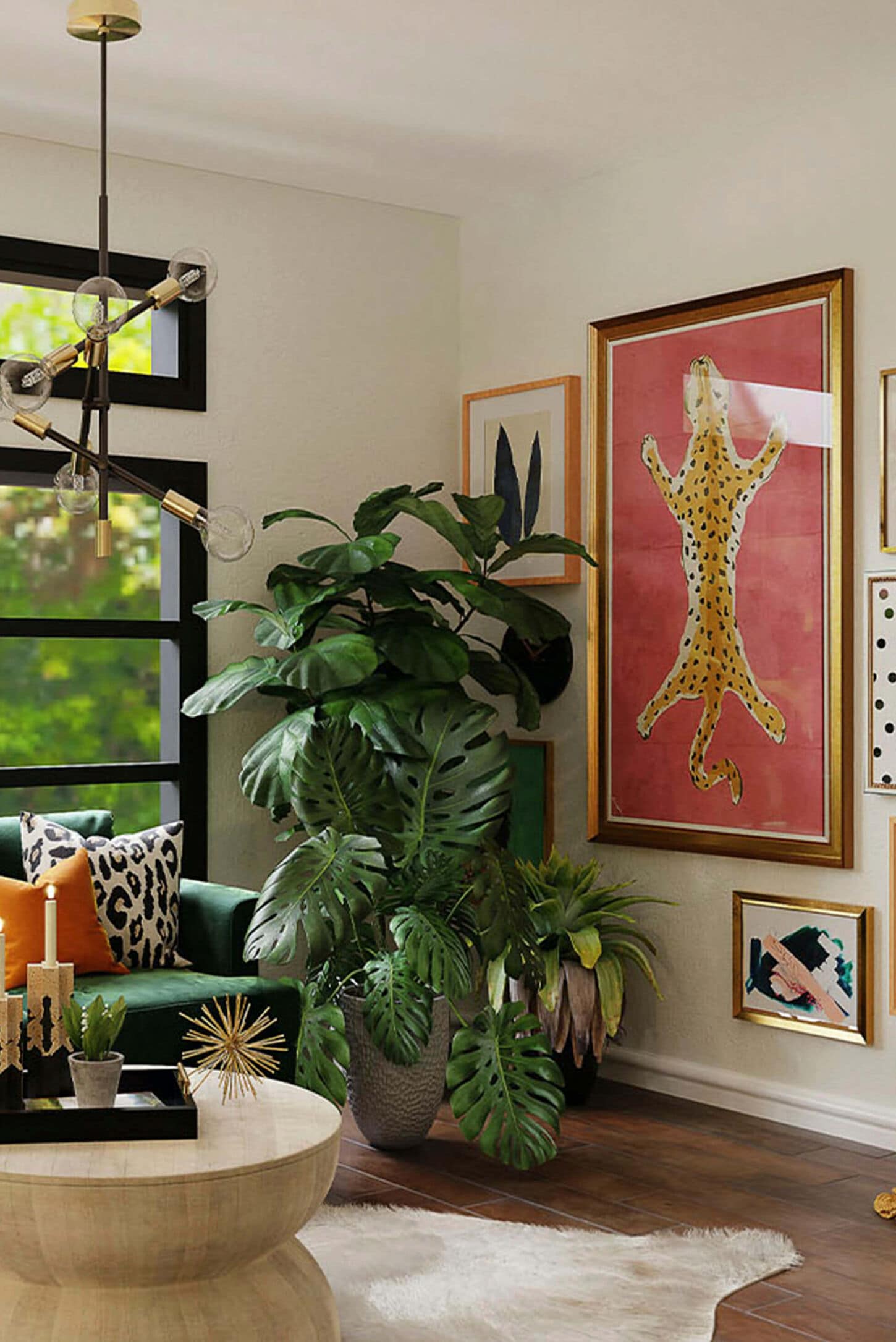Trending on social with a living room with a plant, rug and lots of artwork