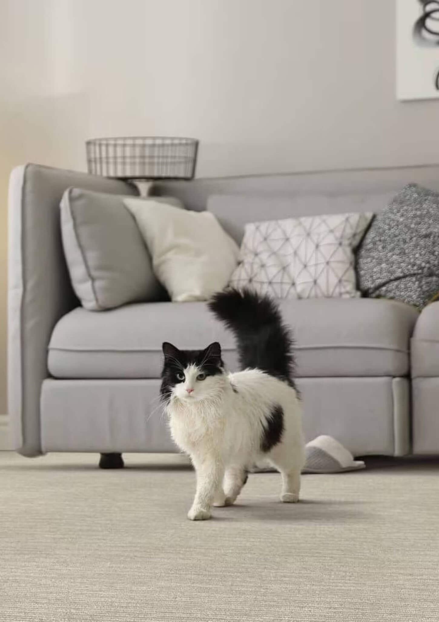 Black and White cat walking across a living room floor