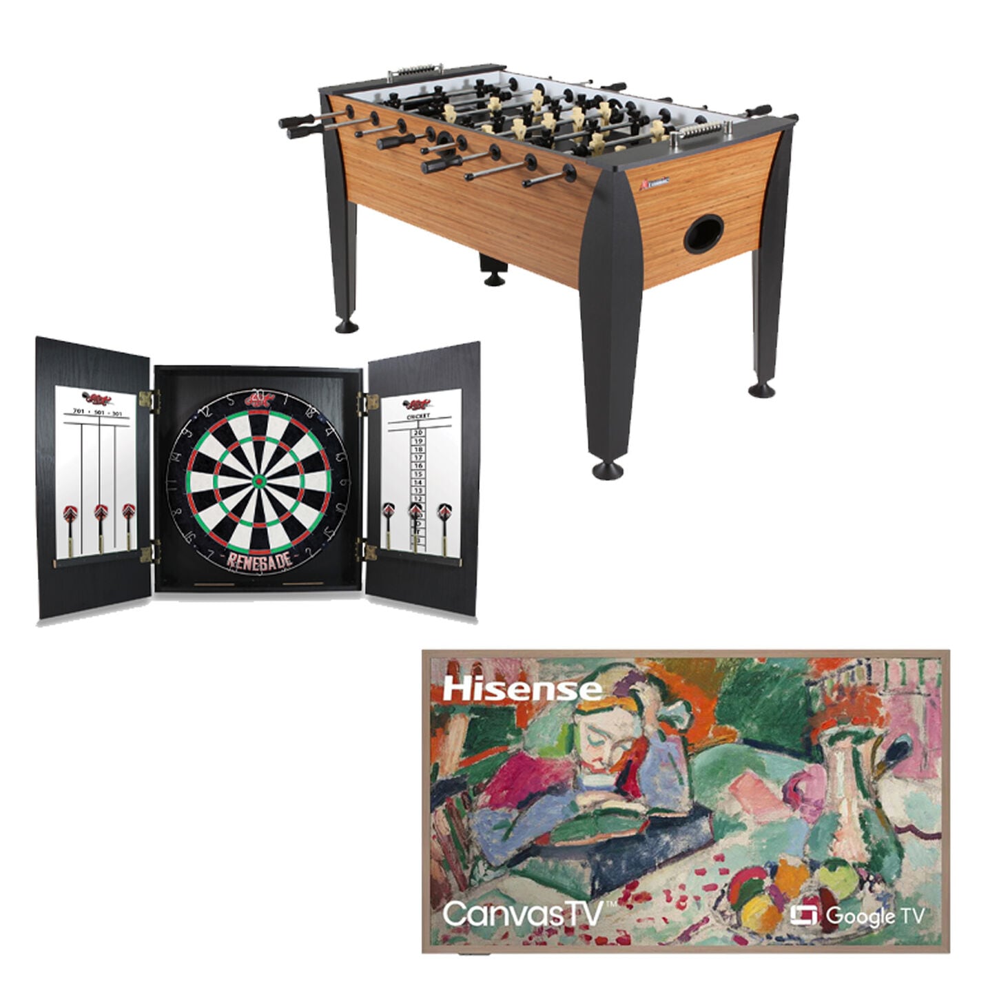 Dart throwing, foosball table and big screen tv