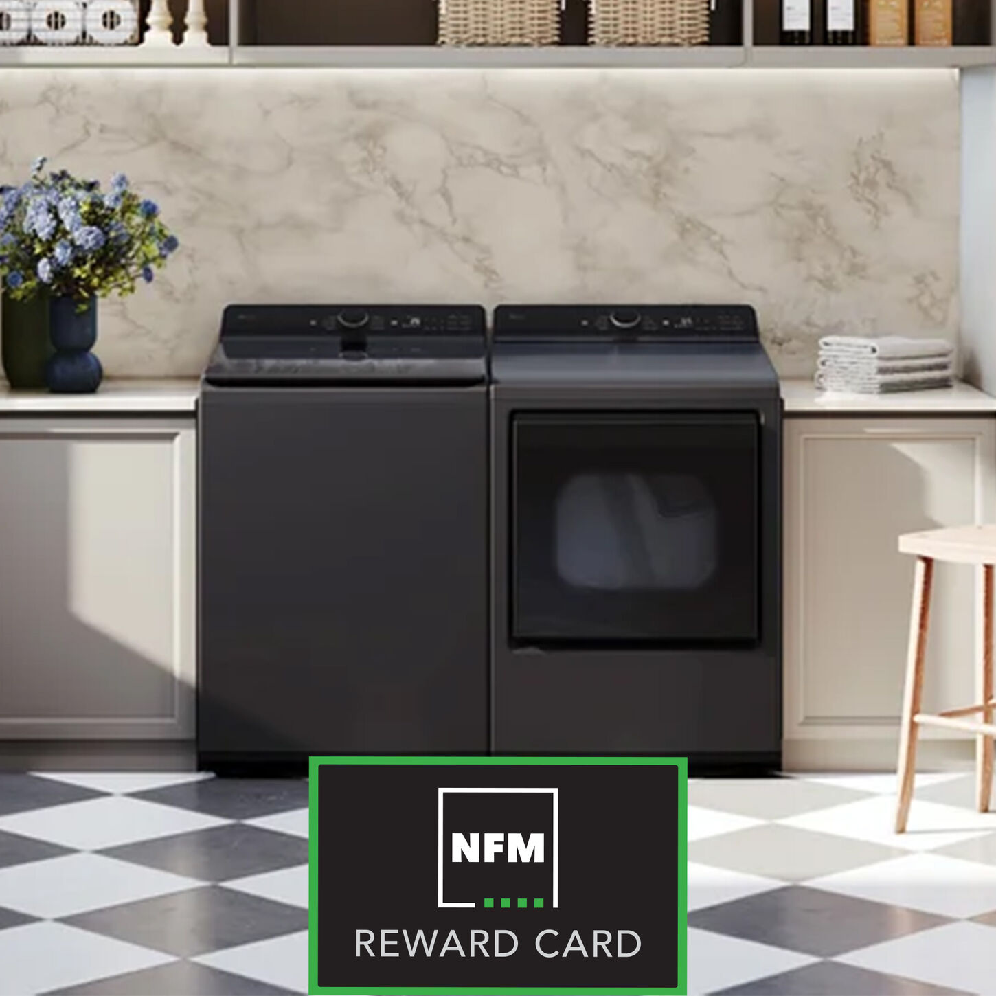 LG 5.5 Cu. Ft. Top Load Washer and 7.3 Cu. Ft. Electric Dryer with AI Sensing in Matte Black with nfm reward card logo