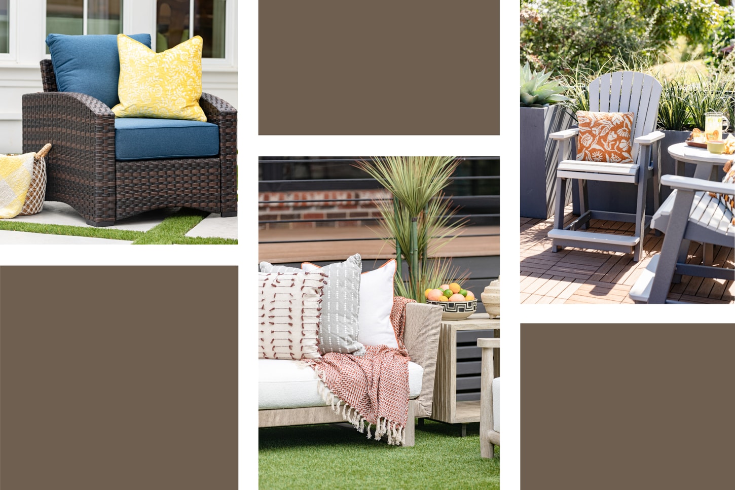 Three different outdoor spring patio designs with furniture, throw pillows and chairs