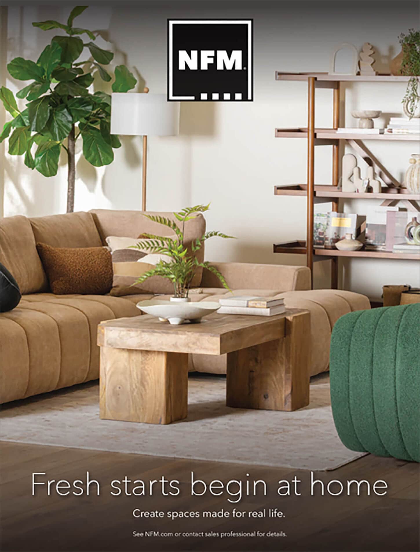 Front Cover of NFM's Indoor Refresh Catalog - a beautiful living room setup with a sofa, table and shelving