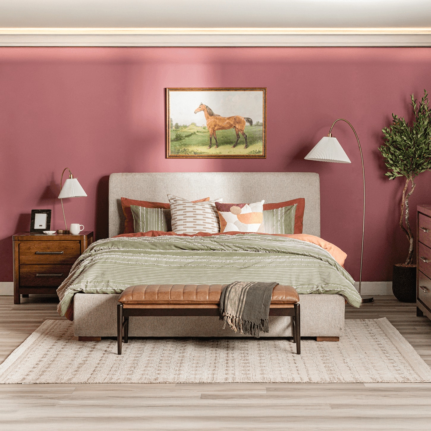 Bedroom scene with bed and dressers