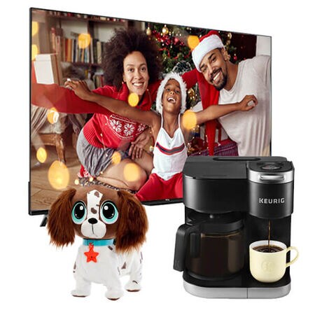 Holiday Gifts including a TV, a Toy Dog and Coffee Maker