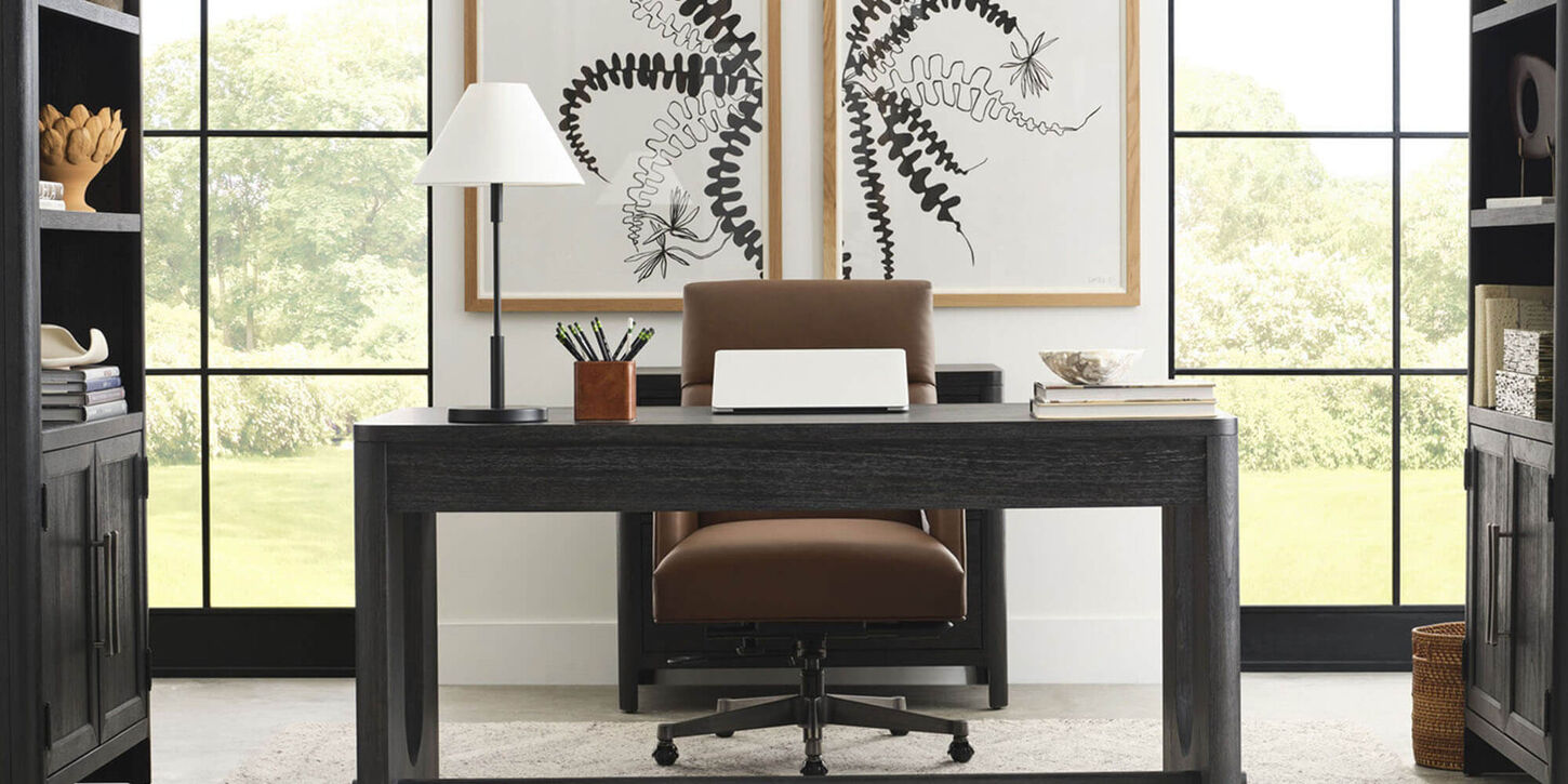 Home office showing a desk, chair, bookcases and two large windows.