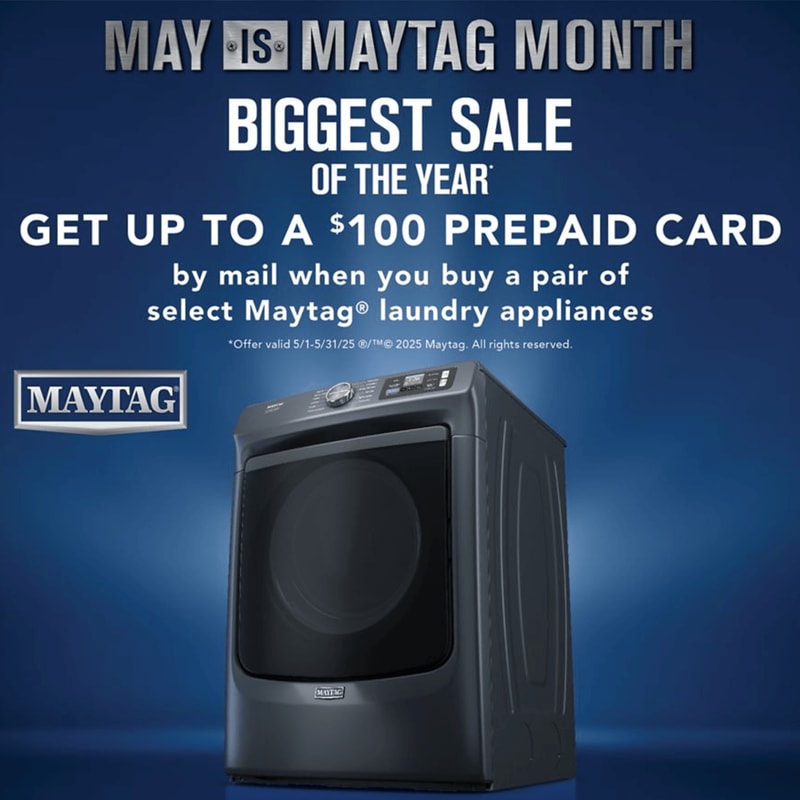 blue background with maytag month sale information and one front load laundry unit