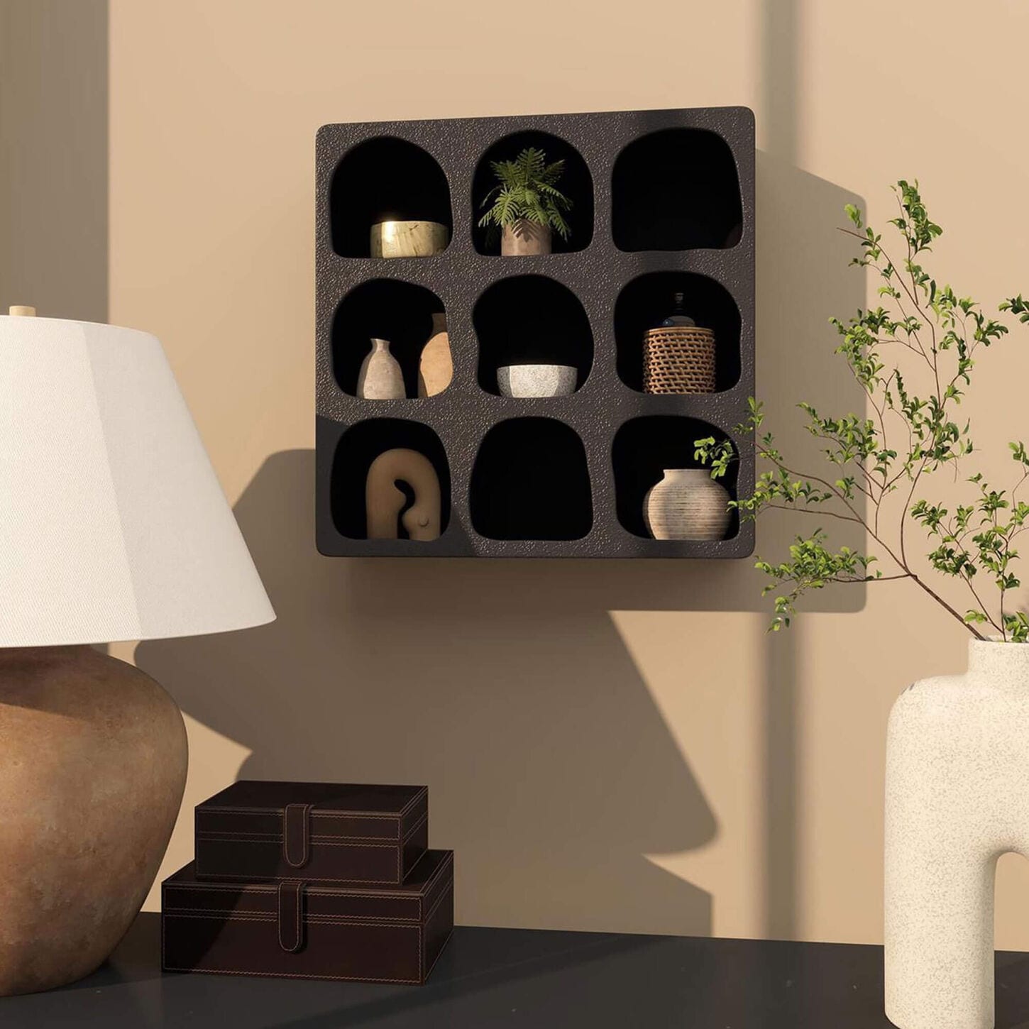 Maple and Jade 19" Wall Shelf with Abstract Block Shapes in Black