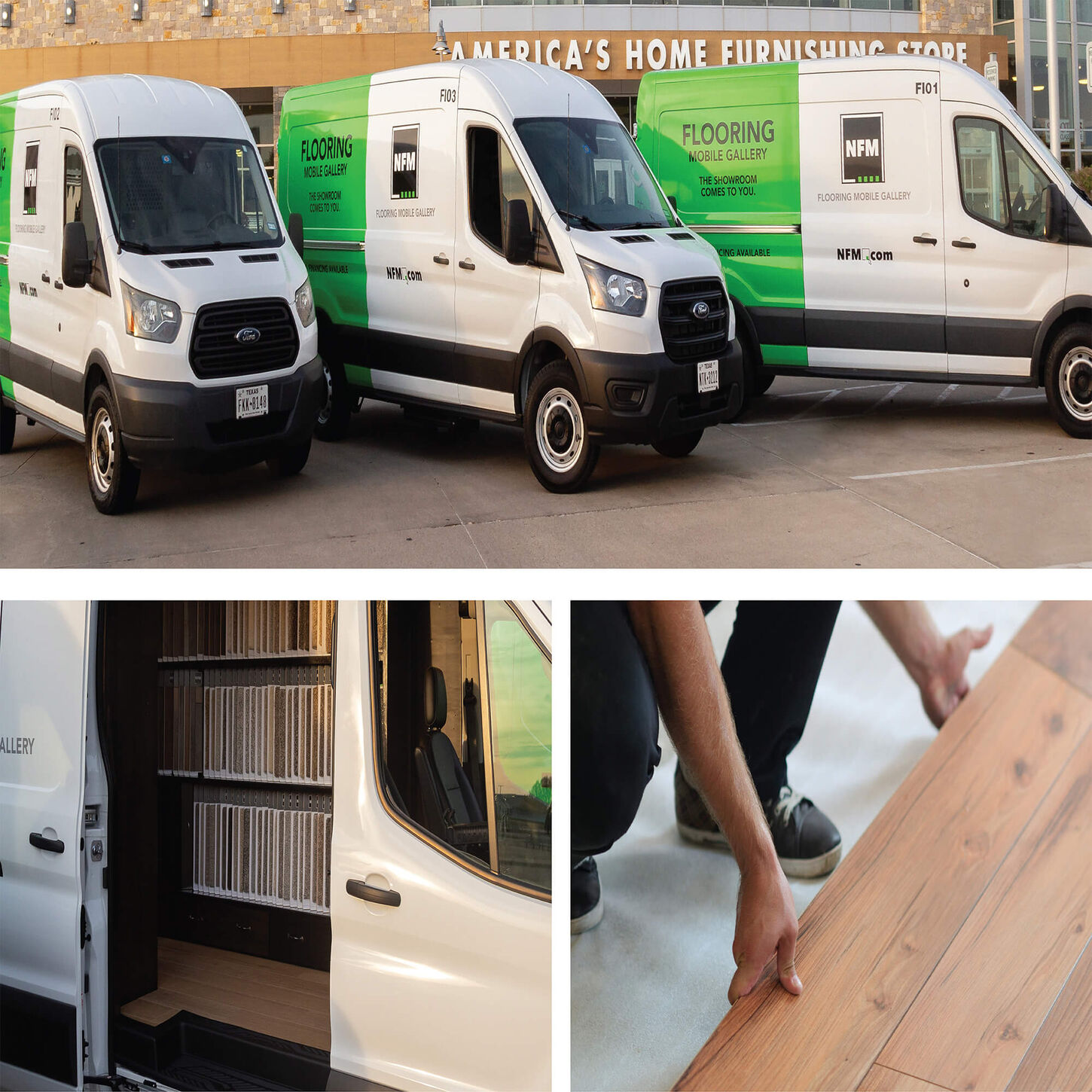 three white and green vans side by side and one van with side door open and a person installing hard surface flooring