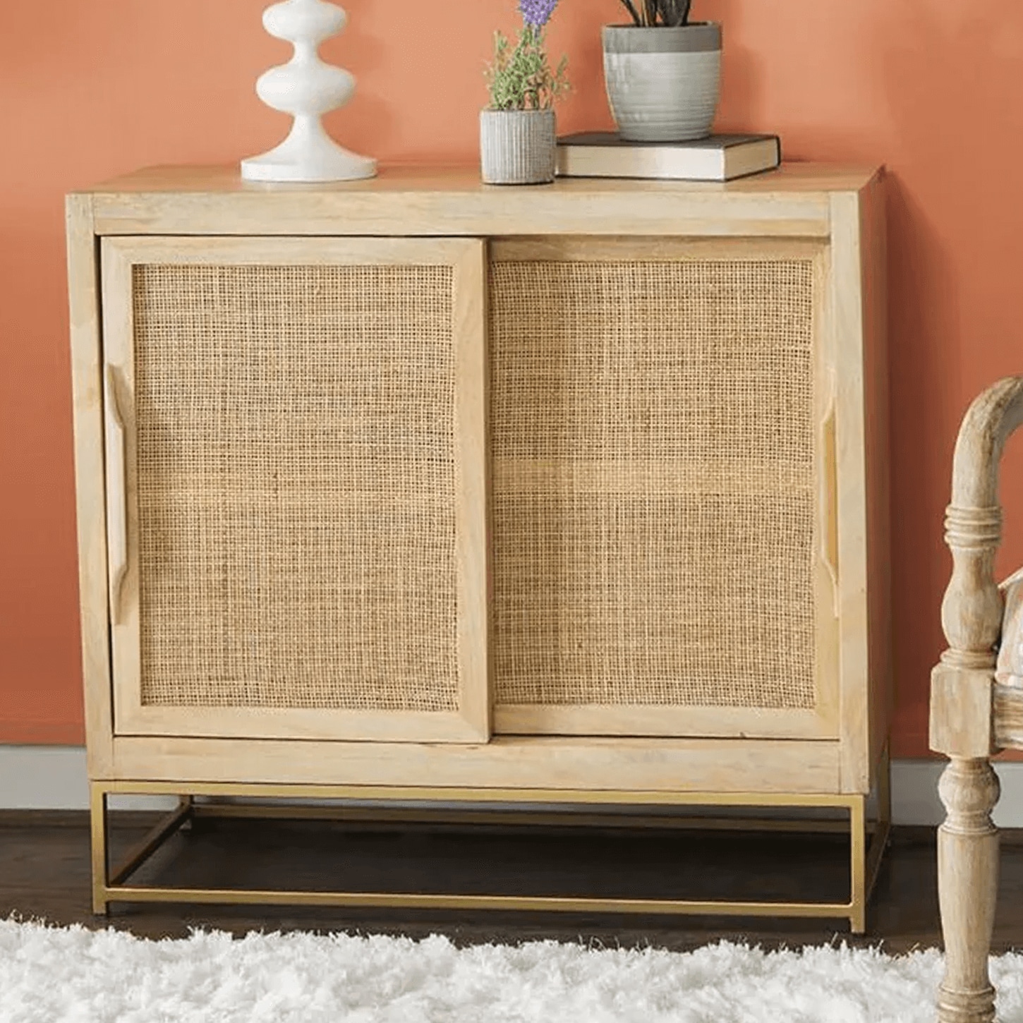 37B Urban Boho Raphael Cabinet with Two Sliding Doors in Natural and Gold