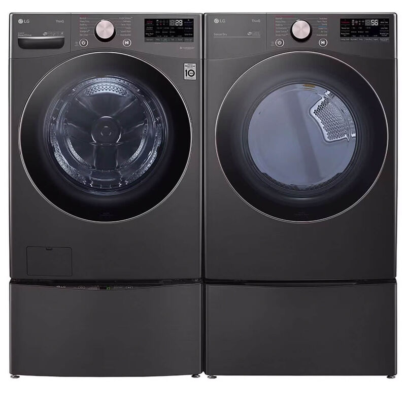 lg front load laundry pair with pedestals in black steel