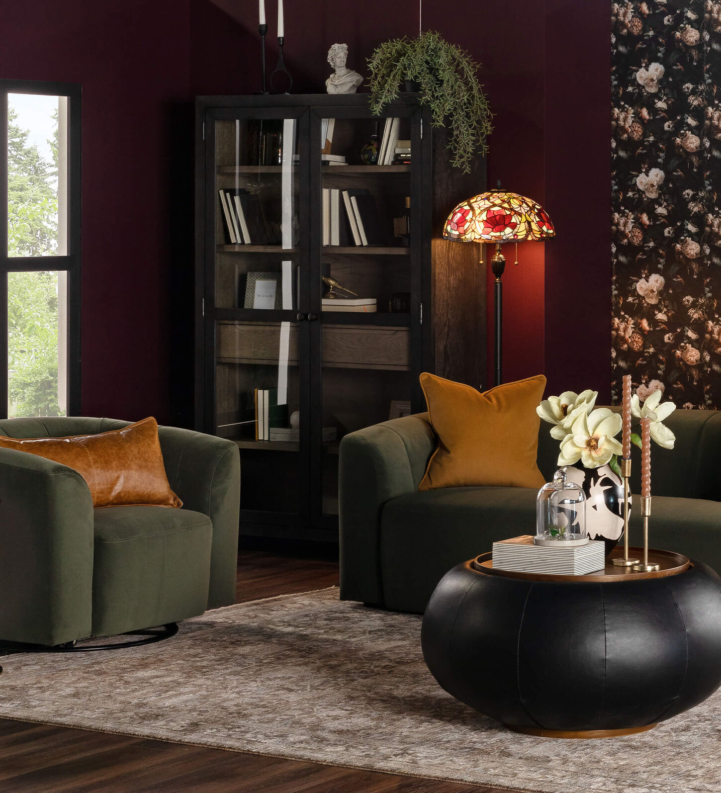 living room in dark academia style with dark green, red and gray tones