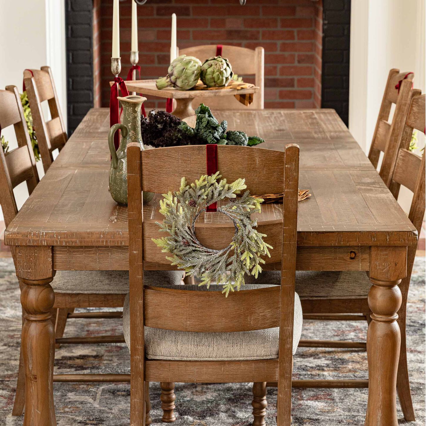 Light wood 7-piece dining set with christmas decor