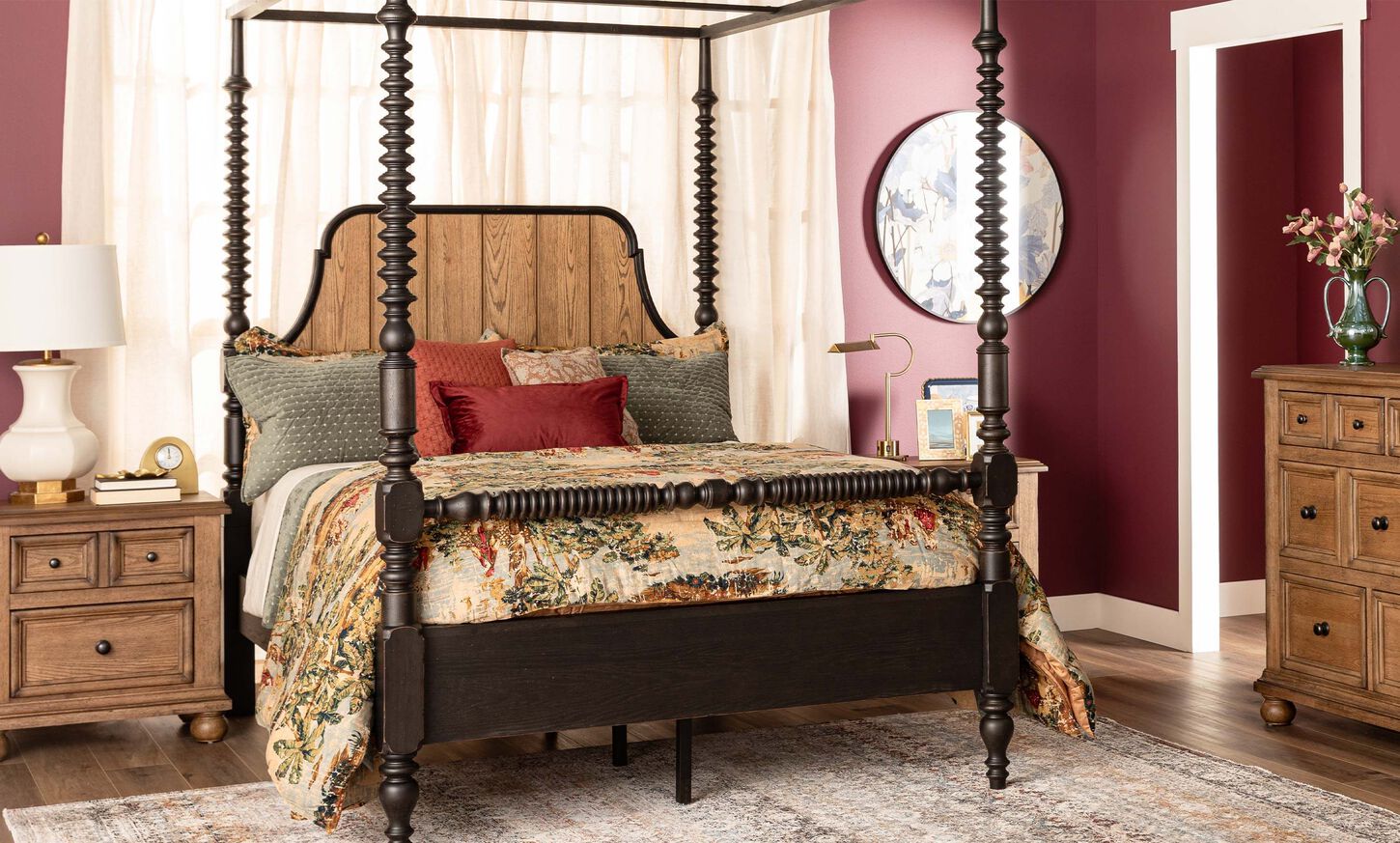 Legacy Classic Vintage Market Queen Canopy Bed in Barnwood Oak and Kettle Black