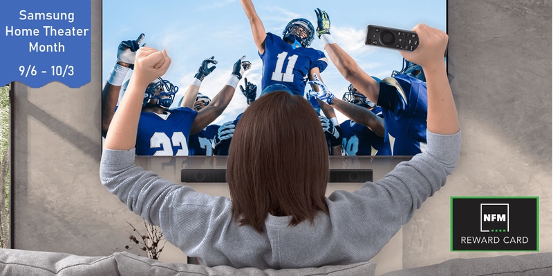 Samsung TV and Soundbar bundle on the wall with woman watching football on the tv