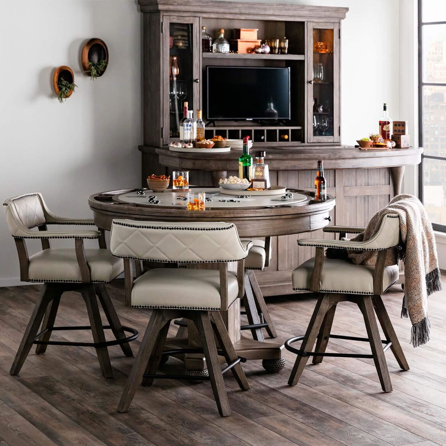 Radius PGA 5-Piece Round Game Table Set in Rustic Washed Grey