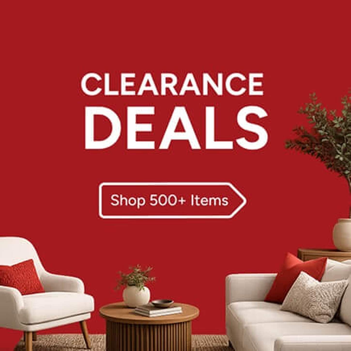 A light colored sofa and chair on a red background with text calling out clearance deals