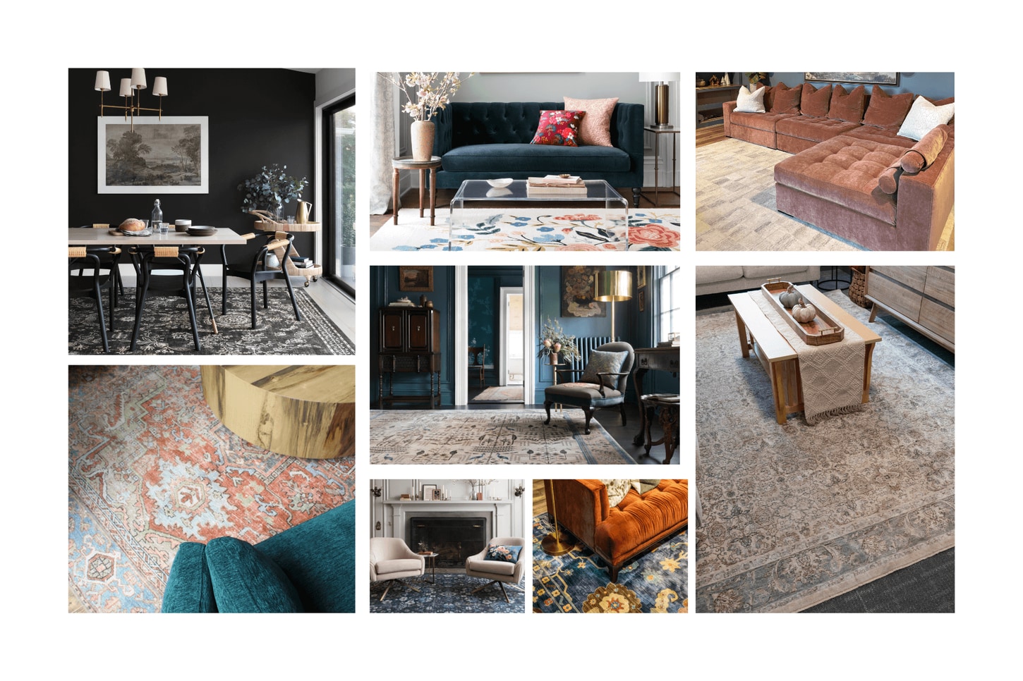 Collage of rugs by all of NFM's celebrity designers with lots of different shapes, sizes and rooms