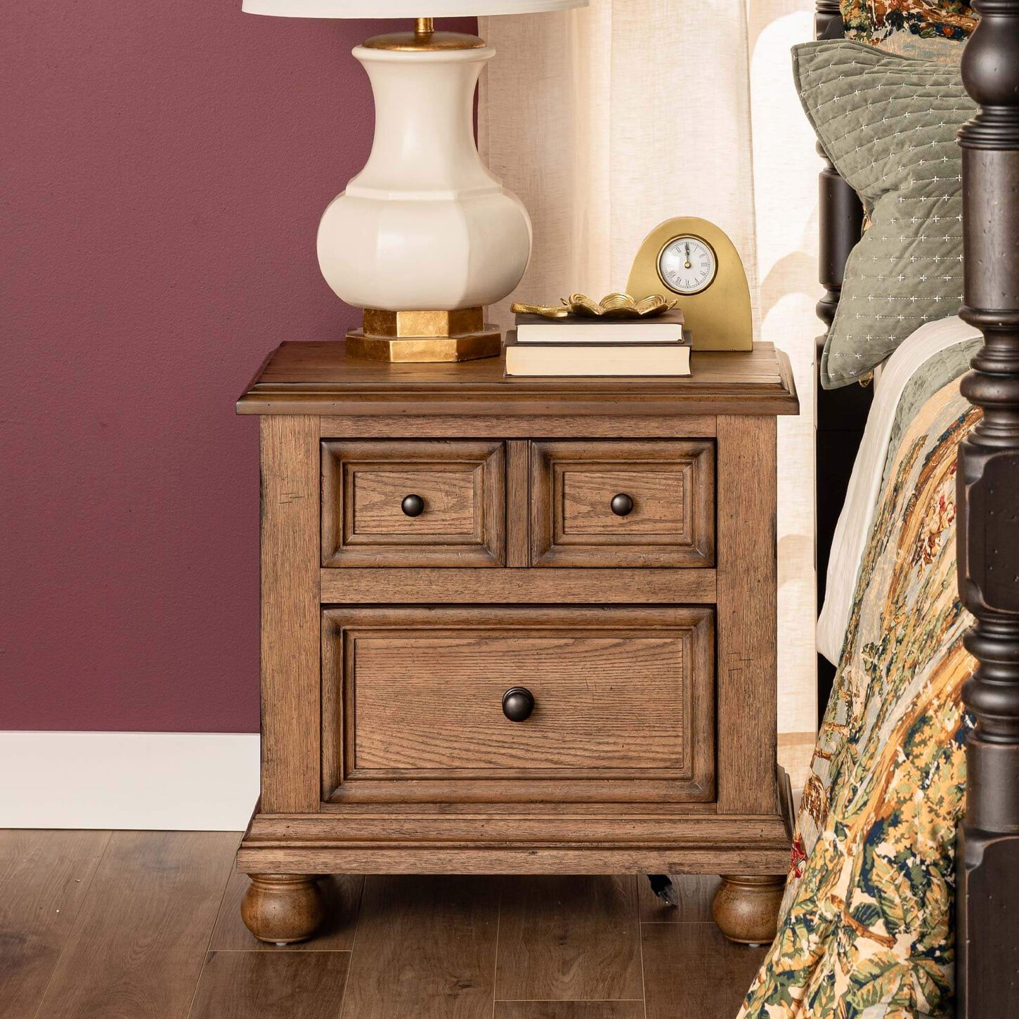 Country Living Vintage Market 2-Drawer Apothecary Nightstand in Barnwood Oak with Outlets and USB Ports