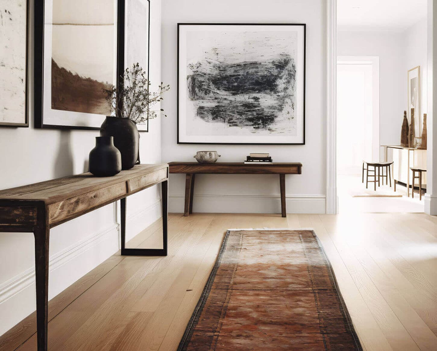 Hallway in home with long runner rug, entry tables with decor and paintings