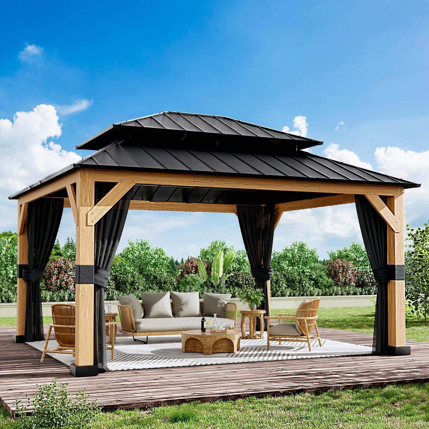 Sunwell Garden 13' x 11' Outdoor Double Roof Hardtop Wood Gazebo