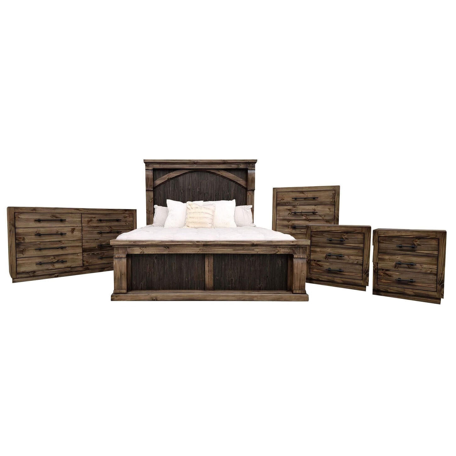  Woodland & Co Regal King Panel Bed with Dresser Chest and 2 Nightstands in Brown