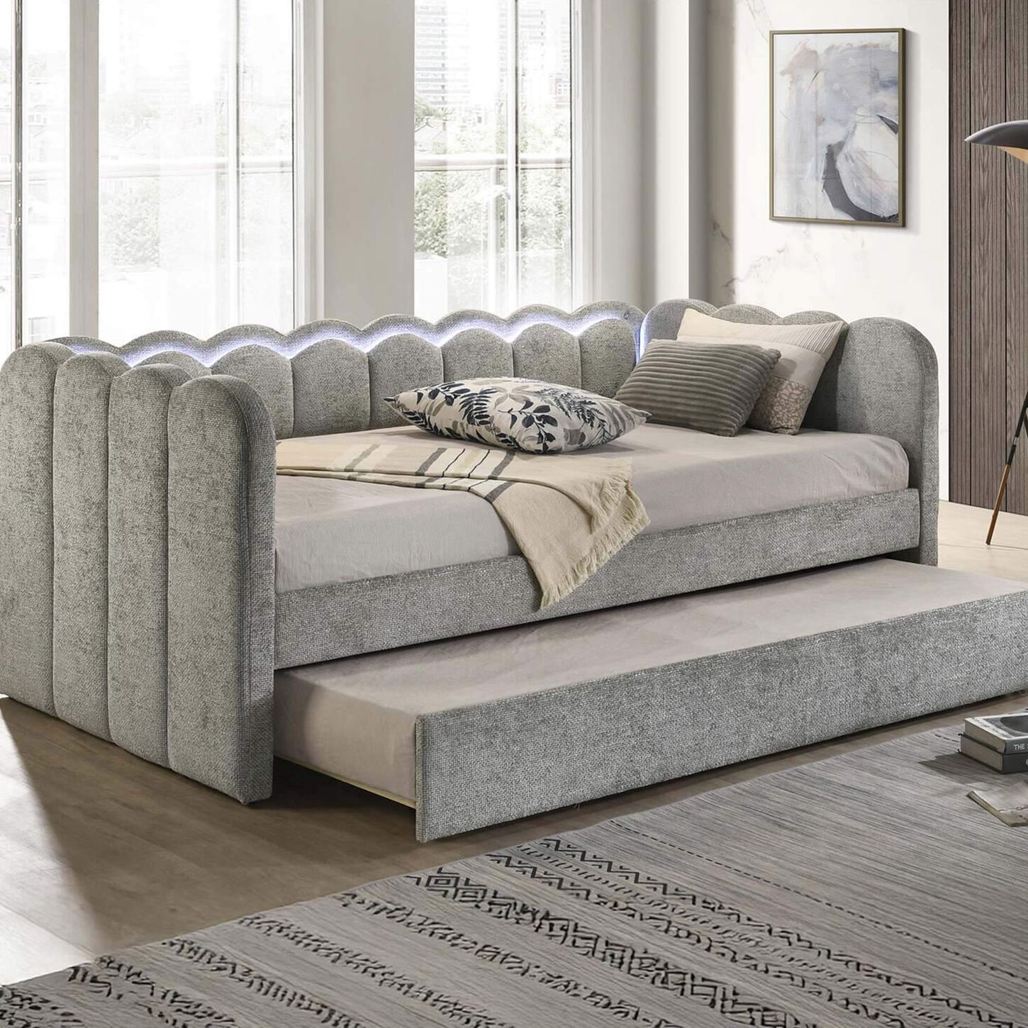 Crown Mark Melody Daybed with Trundle and LED Lights in Light Grey