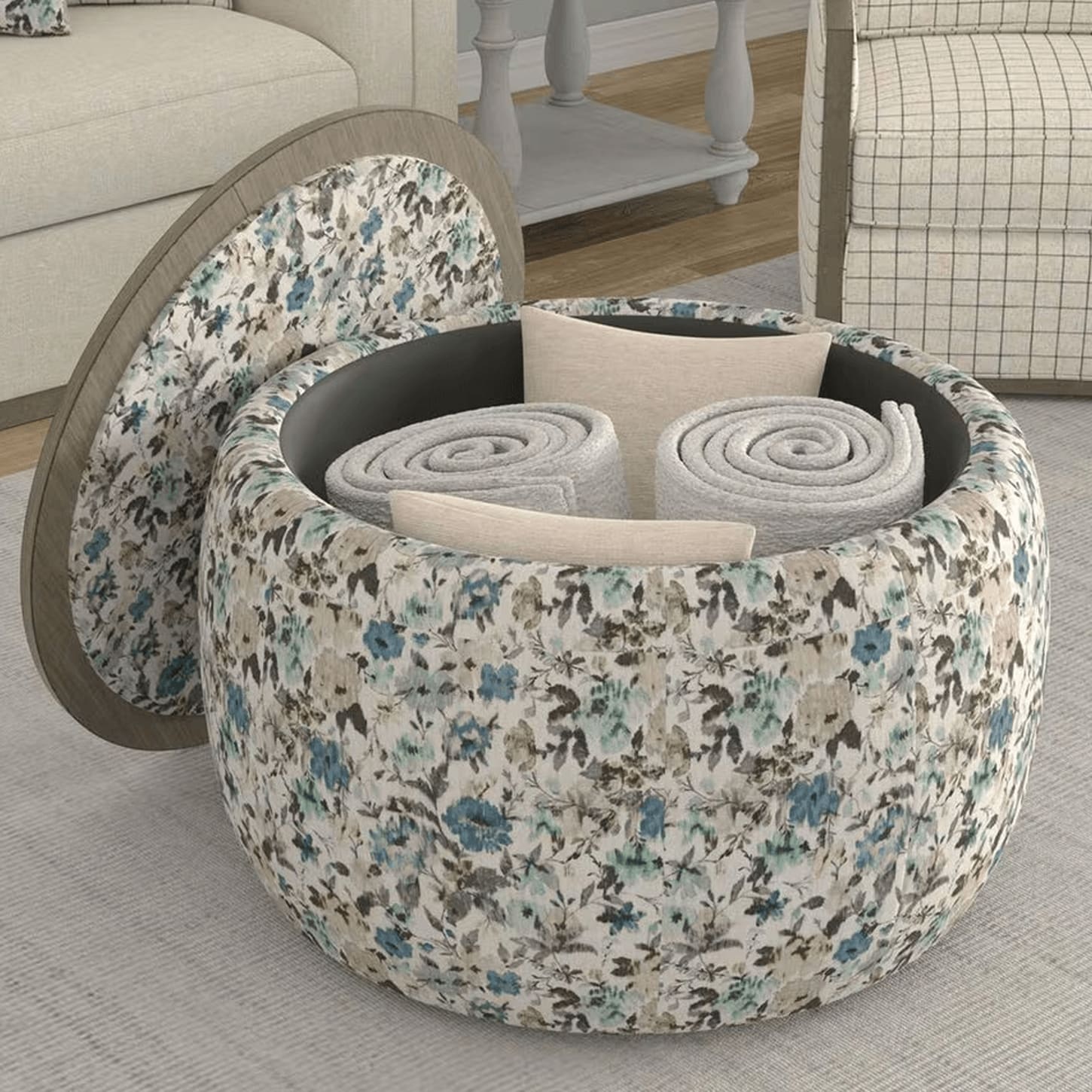 Emerald Home Furnishings Cecily Storage Ottoman in Blue Meadow