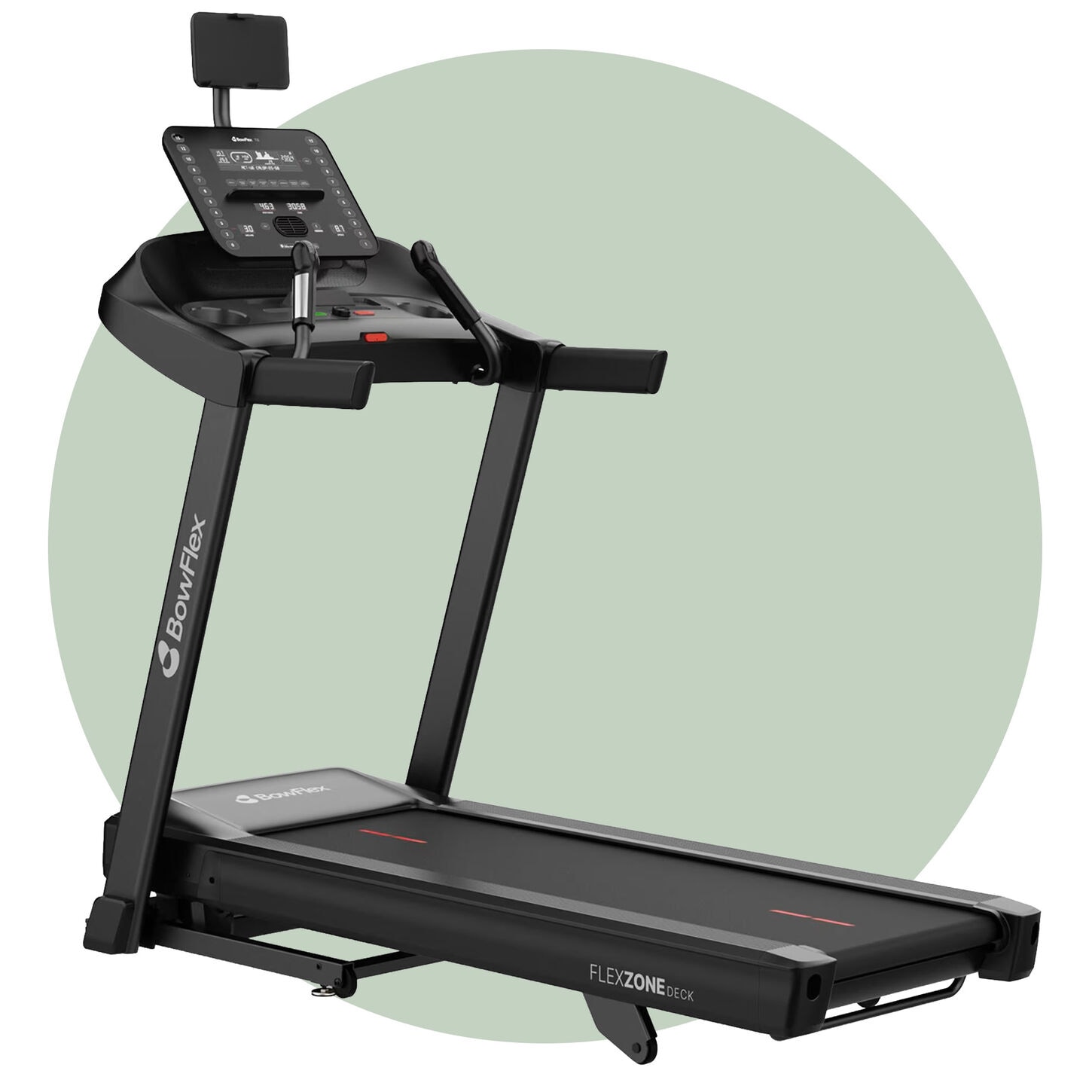 BowFlex T6 Folding Treadmill in Black on green background