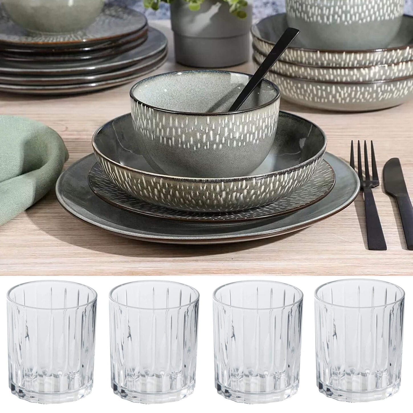 Gibson Homewares Matisse 16-Piece Dinnerware Set in Grey with four clear glass tumblers below