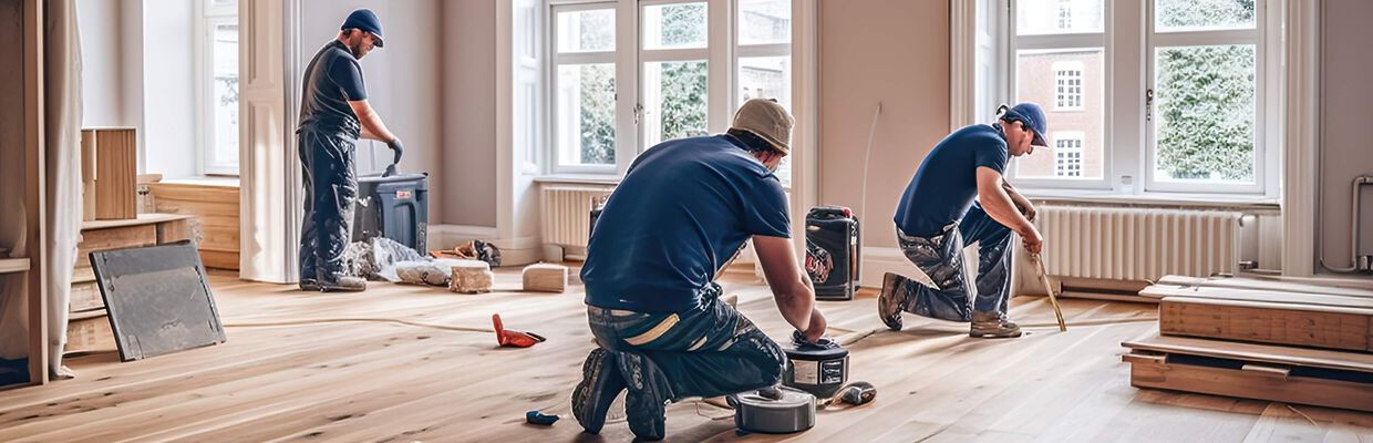 Contractors working in a living room instaslling hardwood flooring