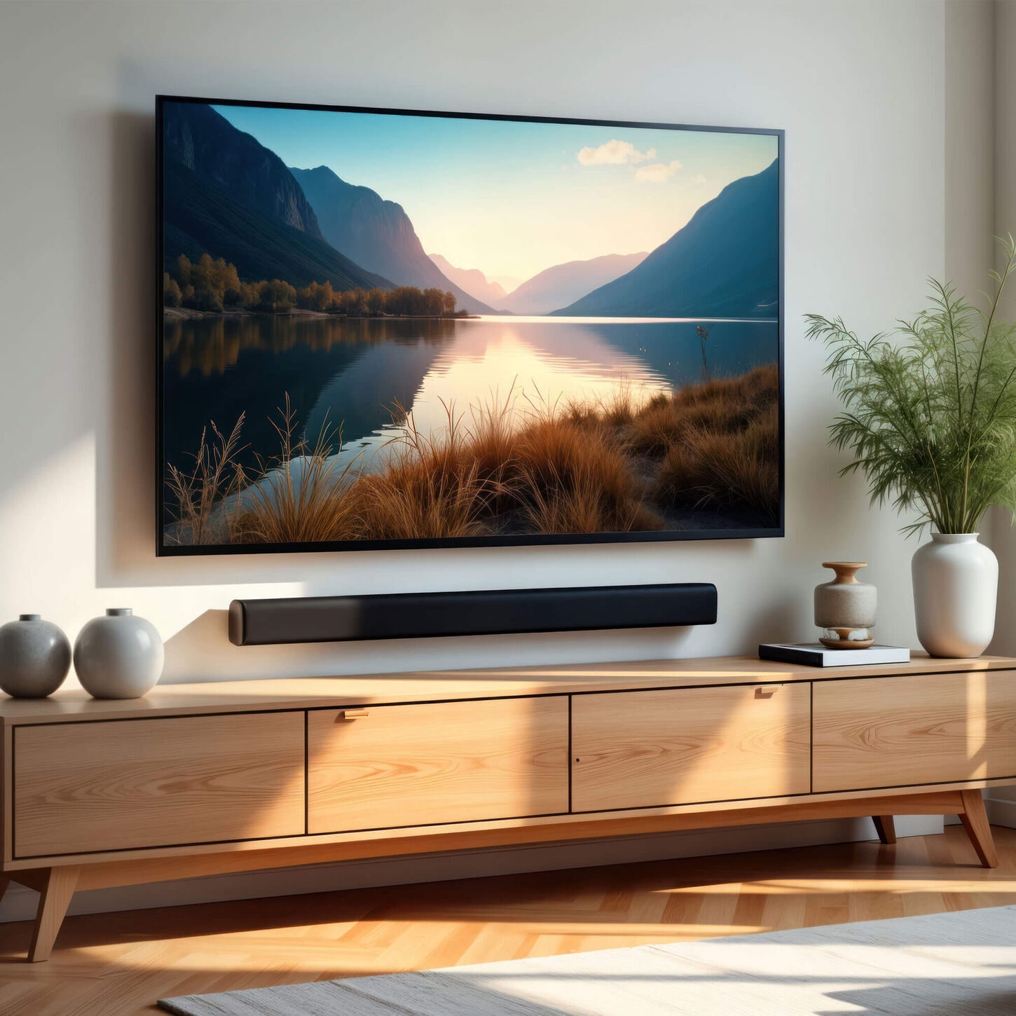 TV in living room with entertainment center and soundbar