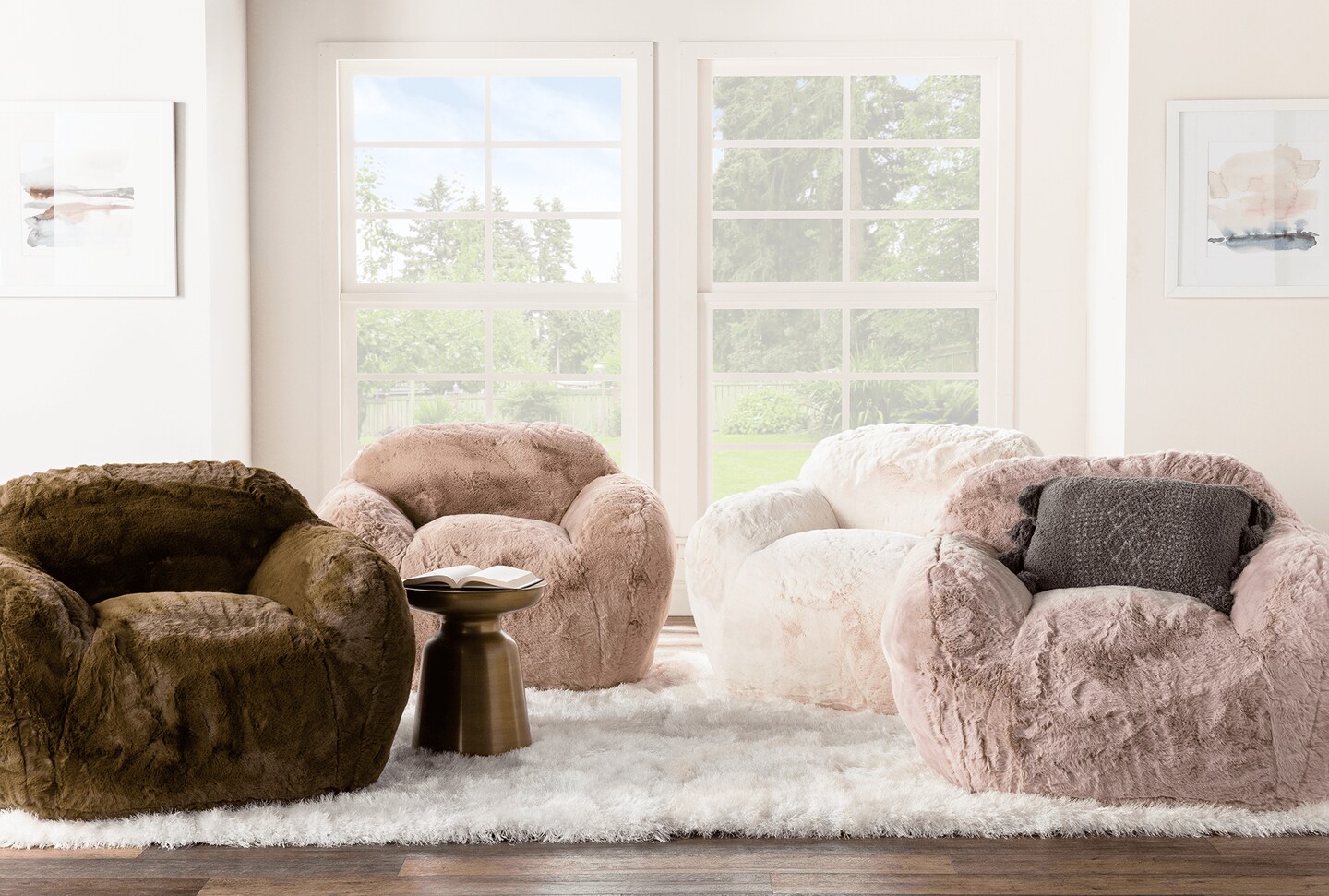 4 cozy chairs that are white beige pink and brown
