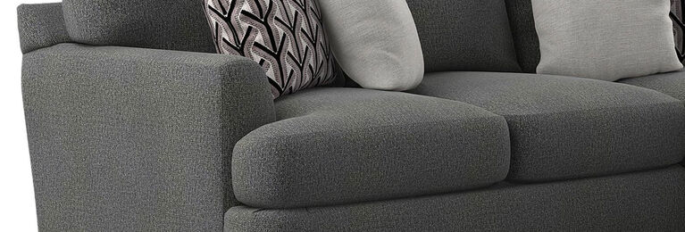 Side view of track styled armrest and has Anthem Charcoal fabric