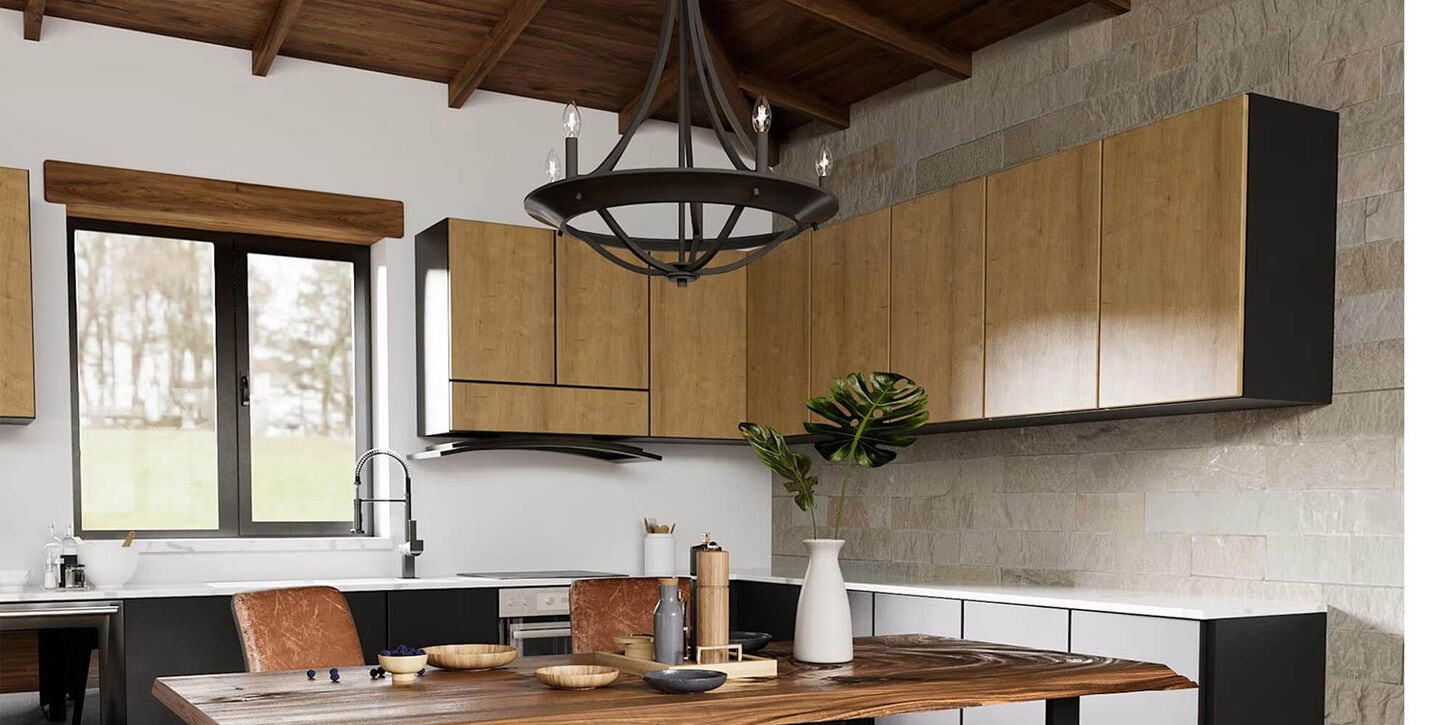 Rustic style kitchen with Hunter chandelier hanging above the table