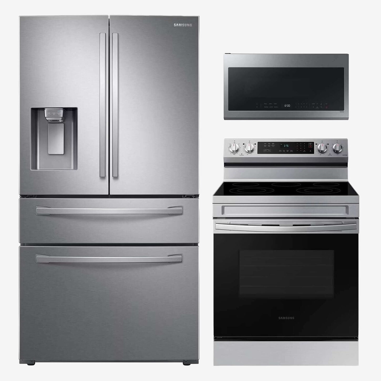 Appliance collage including fridge, range, and microwave