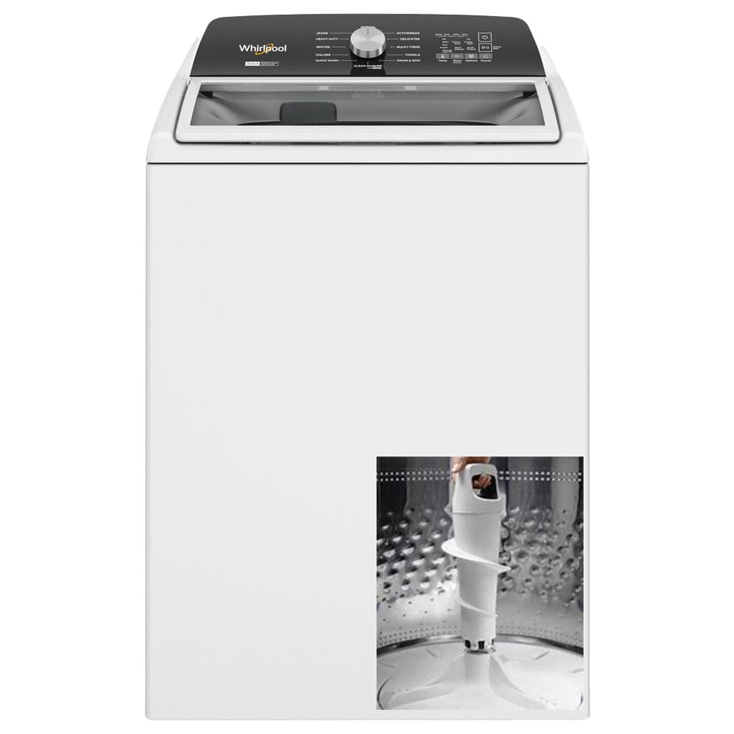 white top load washing machine with an agitator