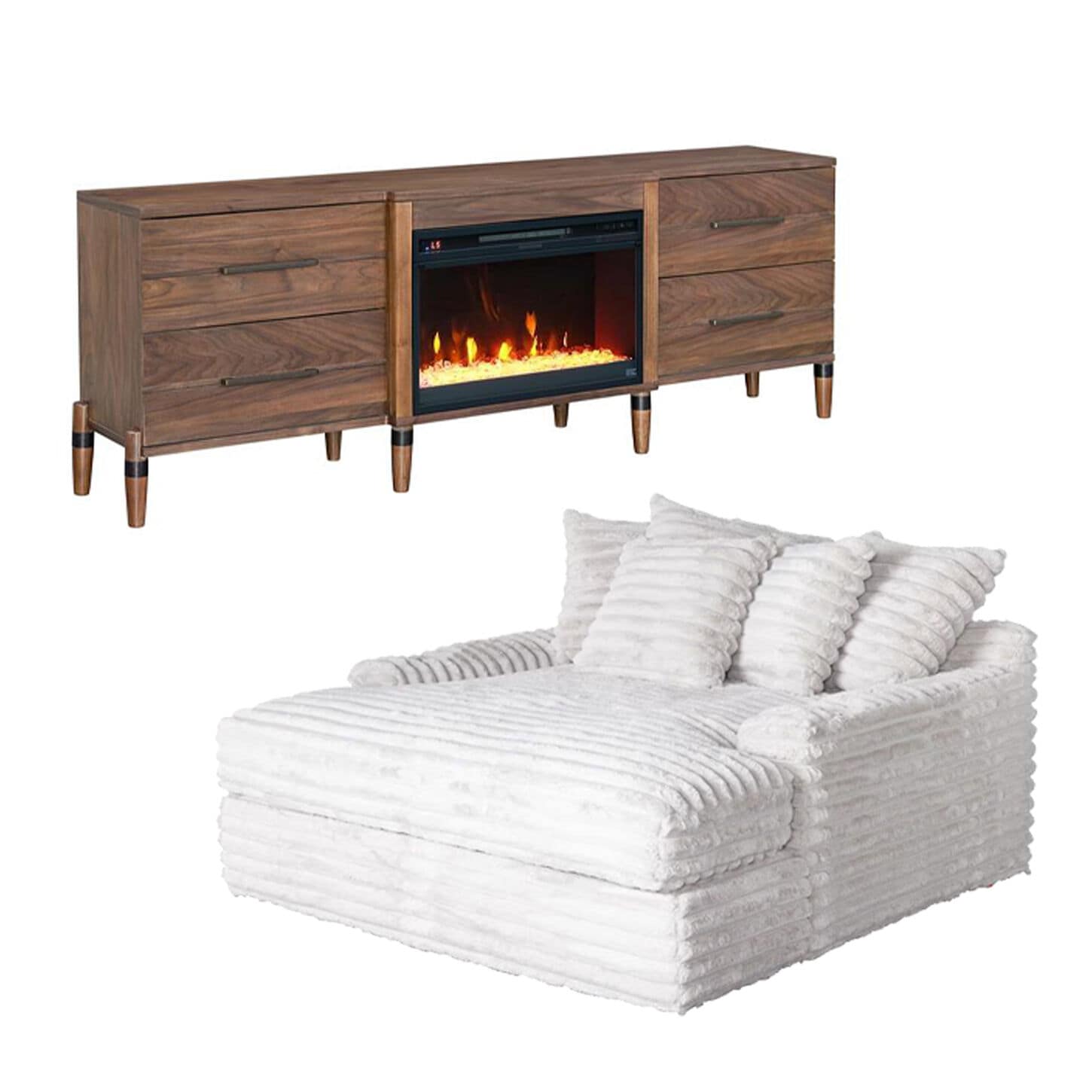 White sofa and TV stand with fireplace