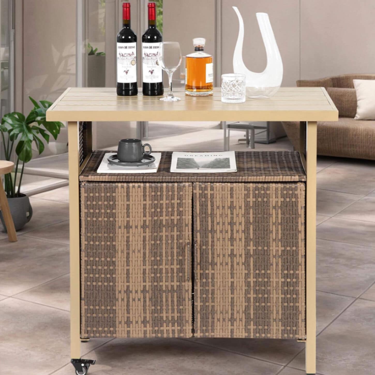 Hearth and Haven Patio Bar Cart with Cabinet in Beige