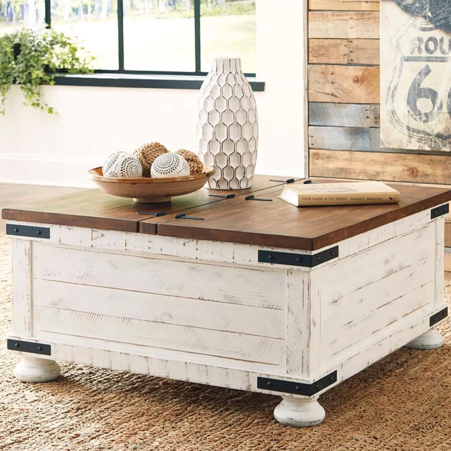 Ashley Wystfield Lift Top Cocktail Table in Vintage White and Warm Brown