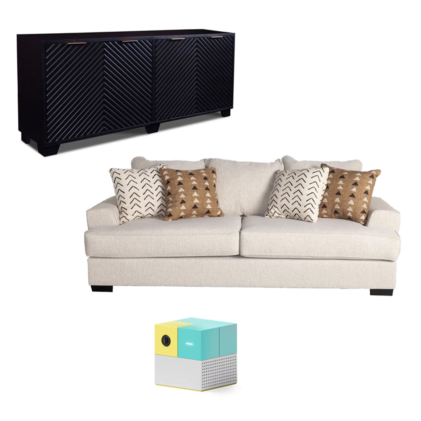 TV stand, sofa with pillows and a cube game box