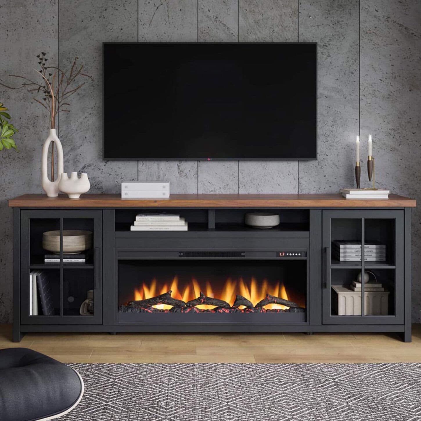 Legends Home Essex 97" Fireplace TV Stand in Black and Whiskey