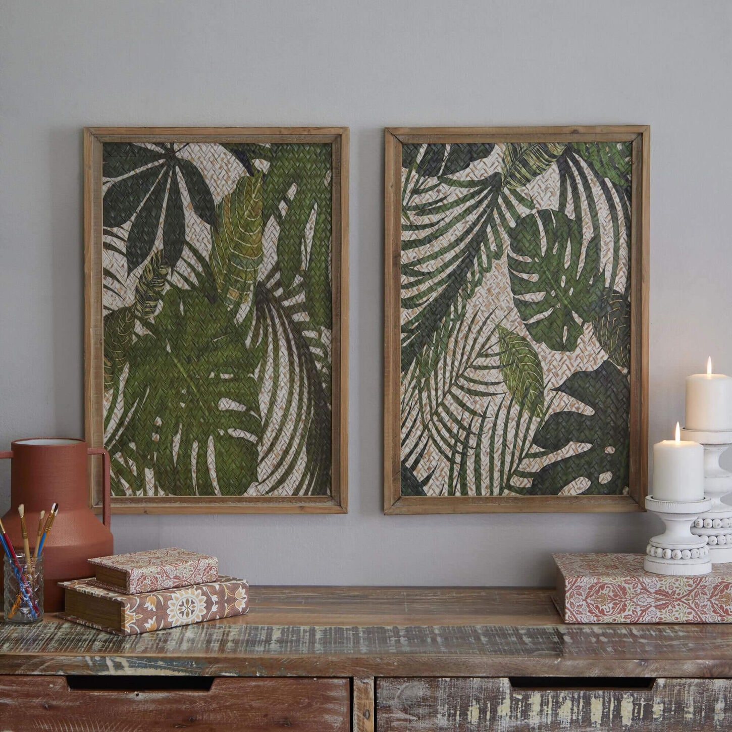 Maple and Jade 17" x 25" Leaf Tropical Home Wall Decor with Frame in Brown, Green and White (Set of 2)
