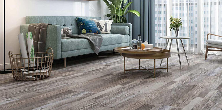 Living room with vinyl flooring and blue sofa